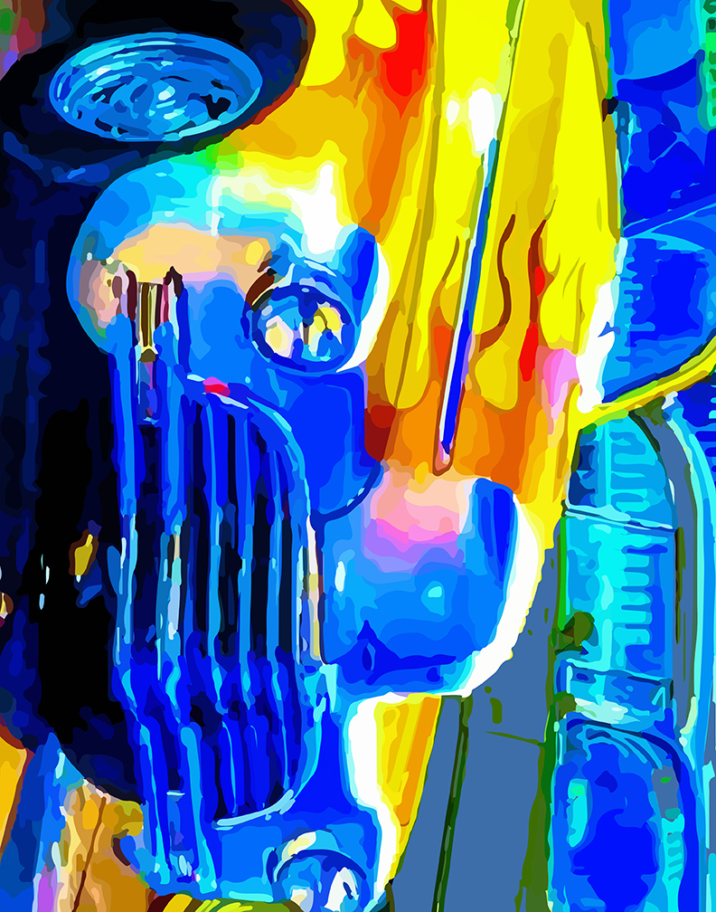 chevy with flames painted on it, in abstract colors