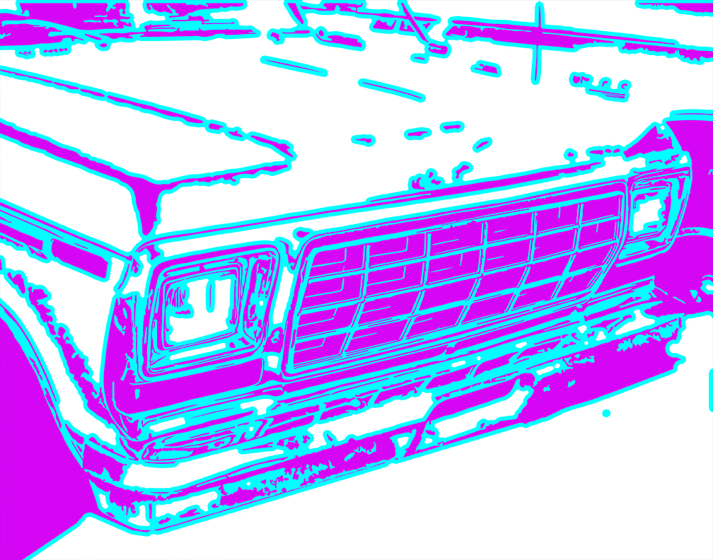 image of ford grill, outlined in pink and turquoise