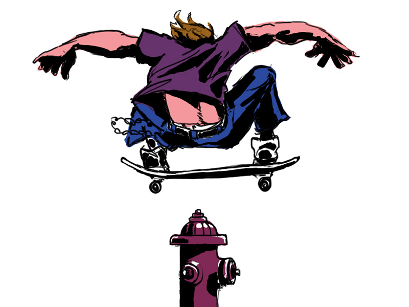 skater ollies over hydrant, color