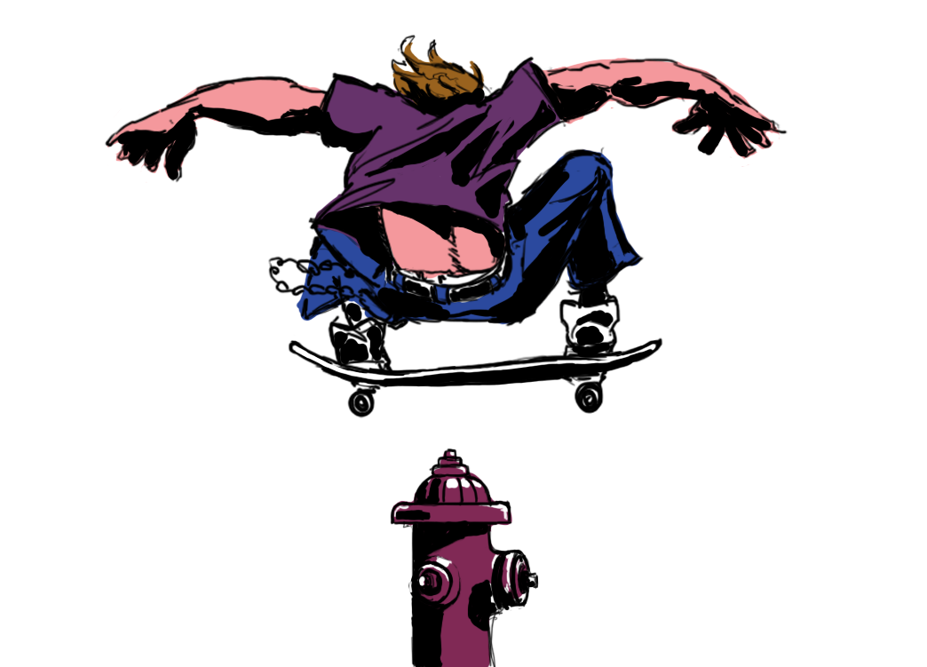 skater ollies over hydrant, color